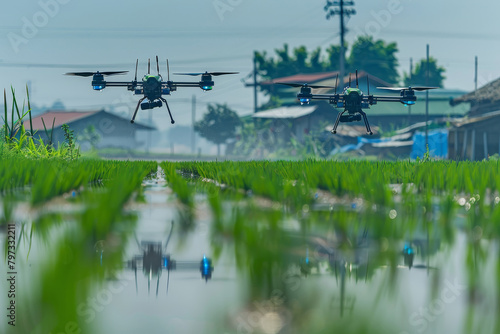 The plant protection drone is spraying irrigation for the farmland hydrogenation, photo