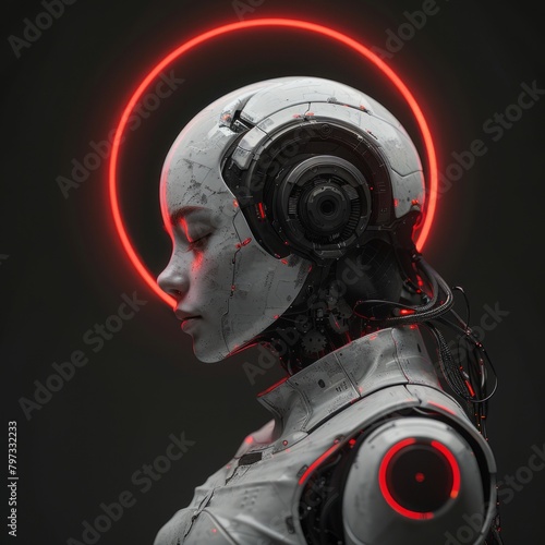 A robot with a red light emitting from around its head, creating a striking visual effect.