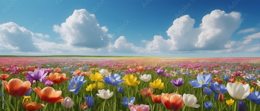 Panorama of Beautiful Field of spring flowers with perfect sky background.