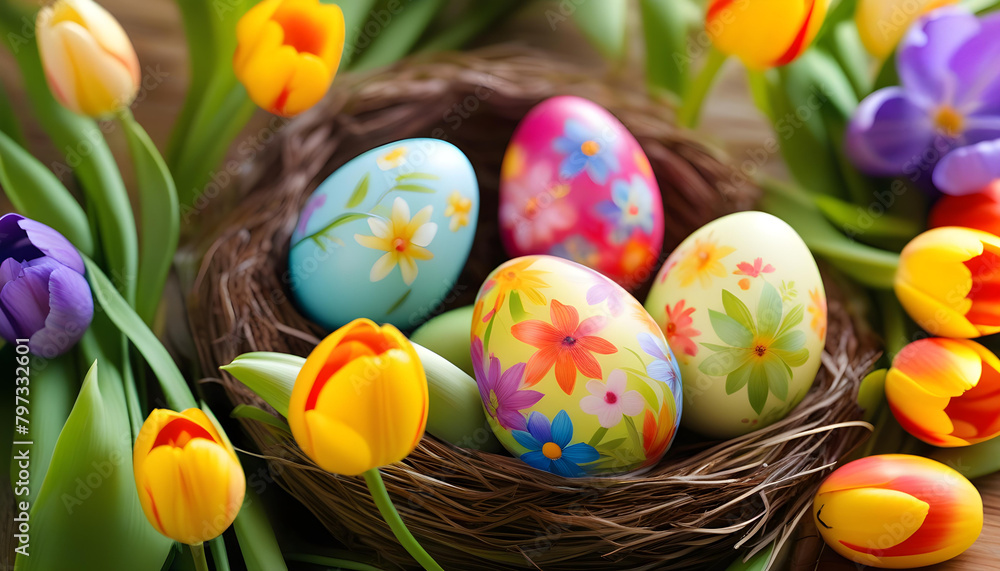 An Easter greeting card with decorated eggs and tulips in a nest, surrounded by a soft and dreamy background.. An Easter greeting card with decorated eggs and tulips in a nest, surrounded by a soft and dreamy background..