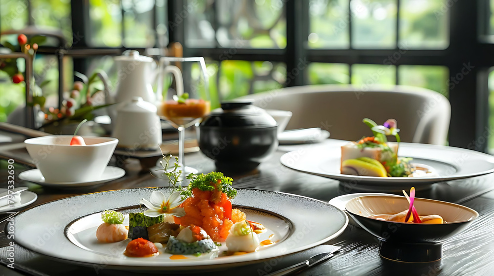 food photography at a restaurant featuring a variety of dishes served on white plates and bowls, ac