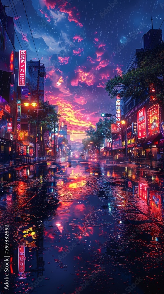 Cityscape under a celestial sky, neon lights reflecting on wet streets