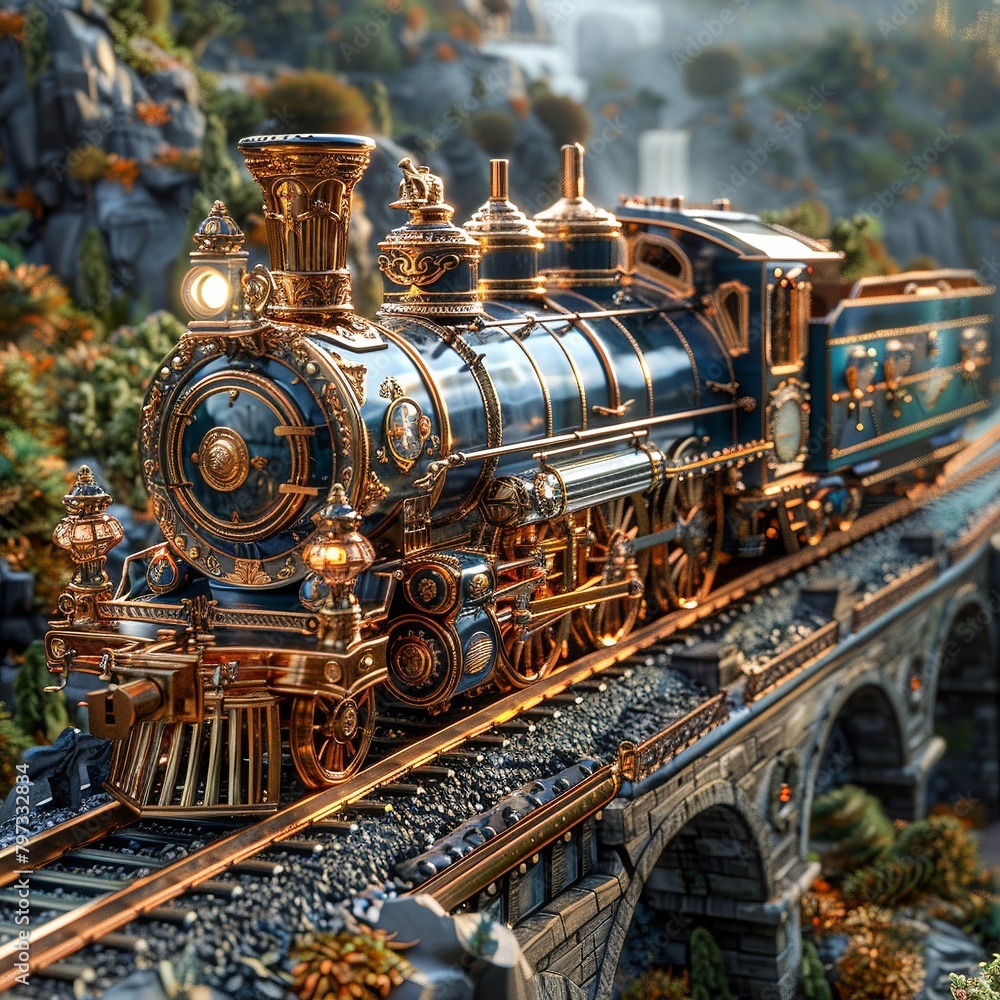 Steampunk timetraveling train, ornate carriages, clockwork mechanisms, historical landscapes passing by