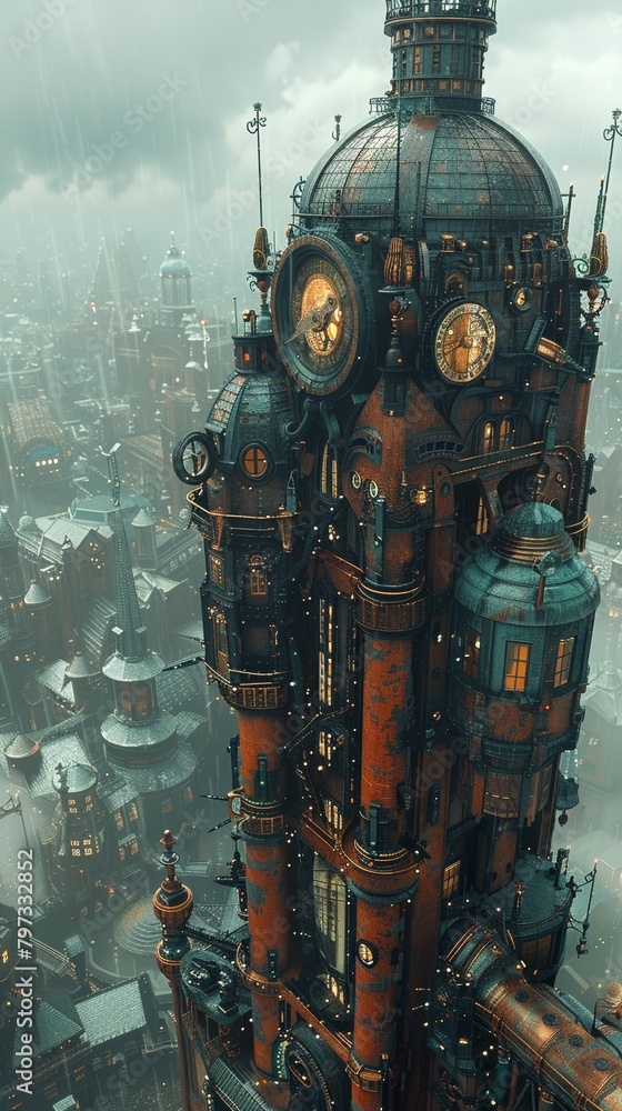 Steampunk wizard tower, gears and levers, magical experiments, city
