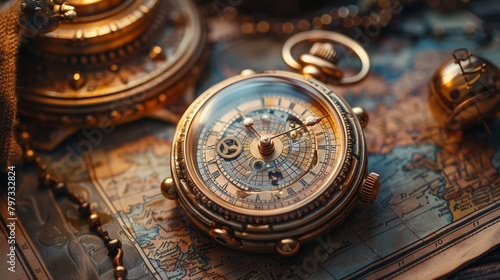Steampunk timetraveling agency, clock gears, temporal maps, Victorian attire