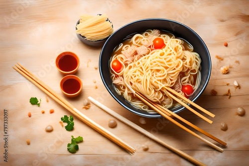 Instant pasta, Japanese and Chinese noodles. Ramen type soup in a plate with chopsticks, junk fast food. Quick-cooking pasta photo