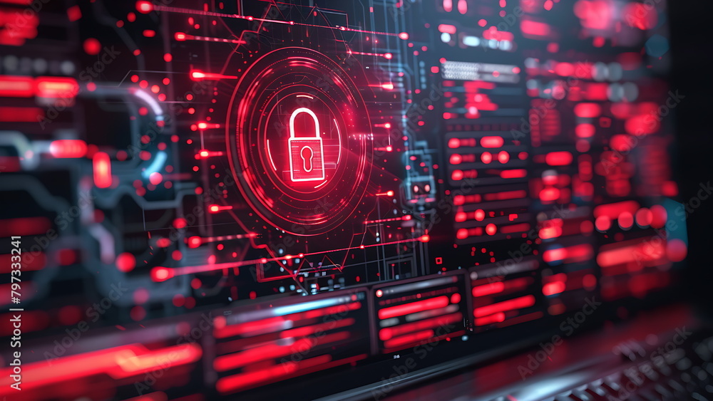 Fototapeta premium Cyber Security. Data protection business concept on virtual screen. Shield protect icon. Internet privacy safety. Antivirus interface. Wireframe hand touching digital interface. generative ai