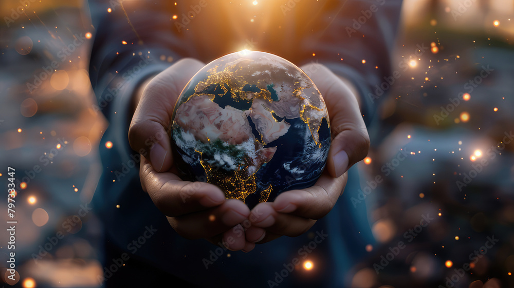 Hands holding circular globe of Earth Hands holding circular globe of Earth