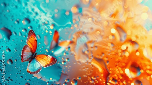 Colorful butterflies on a blue and orange liquid background