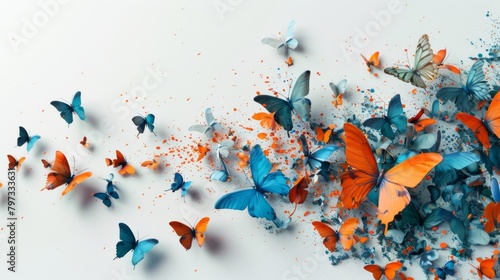 Colorful butterflies on a blue and orange liquid background