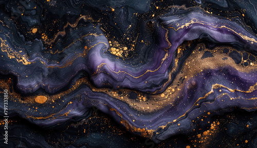 Abstract fluid art, dark purple and gold color palette, swirls of liquid metal with gold specks. Created with Ai