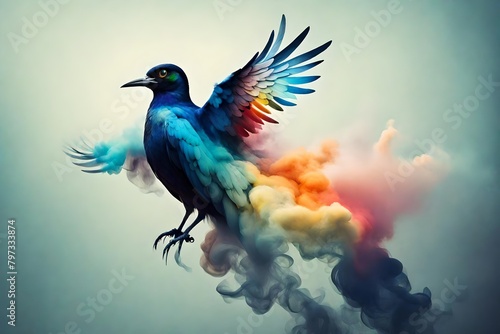 bird with wings made of smoke aerosols multicolor minimalism surrealism 