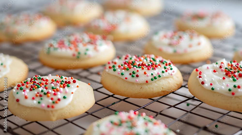 holiday cookie decorating with sprinkles on a cooling rack