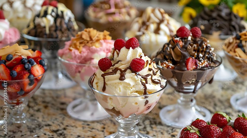 ice cream sundae bar topped with fresh strawberries and served on a marble and granite countertop,