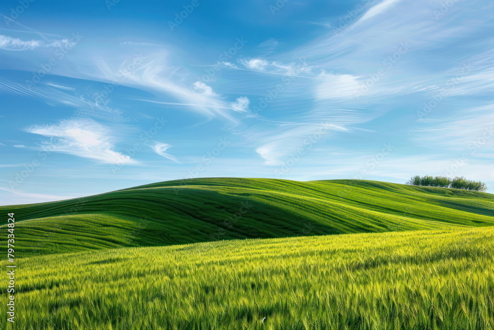 Smooth meadow on the hill with blue sky, beautiful landscape