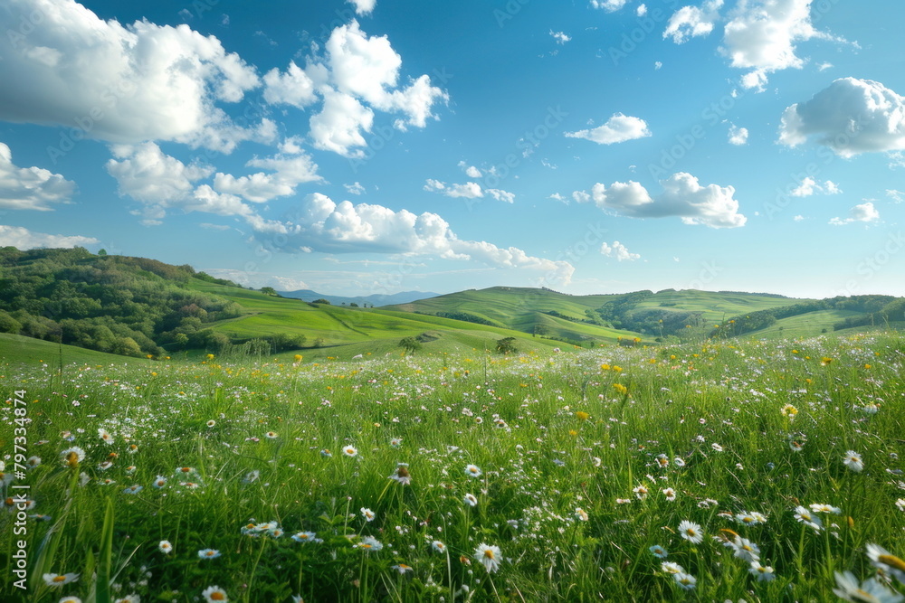 Smooth meadow on the hill with blue sky, beautiful landscape