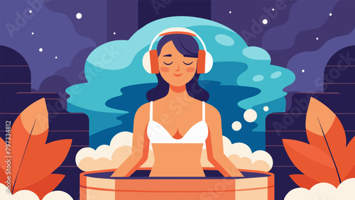 Surrounded by the warm soothing steam of the sauna a woman lets herself sink into a deep relaxation as she follows along with a guided audio designed.