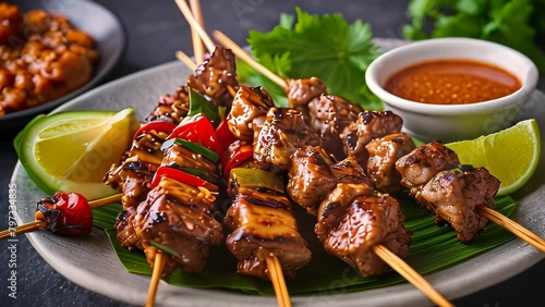 Video animation of  depicts skewered pieces of grilled meat, possibly beef or lamb. A lime wedge is placed as a garnish. photo