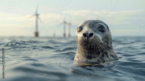 Seal's head in the sea with wind turbines in the background demonstrating clean Renewable Wind energy for sustainable energy sources and environment protection hyper realistic 
