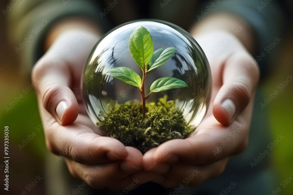 Plant in a glass ball in the hands of a man. Earth day, Environmental Protection. Ecology, Global warming concept