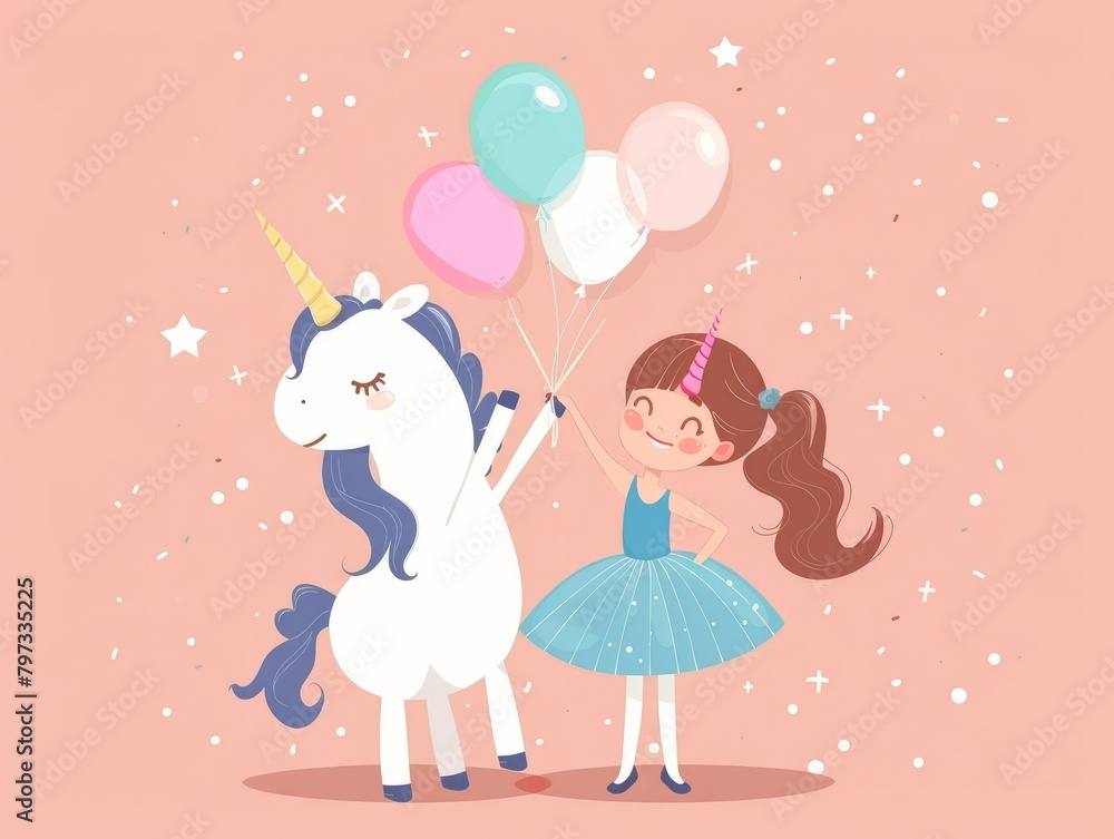 Fototapeta premium Smiling girl in a blue ballet skirt is giving a. unicorn a balloons. Happy Birthday concept 
