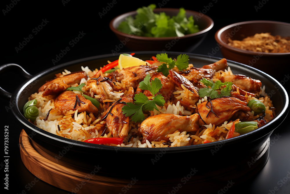 Bowl of rice with chicken and vegetables on dark wooden background.