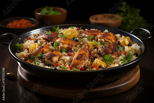 Rice with chicken and vegetables in bowl on dark wooden background.