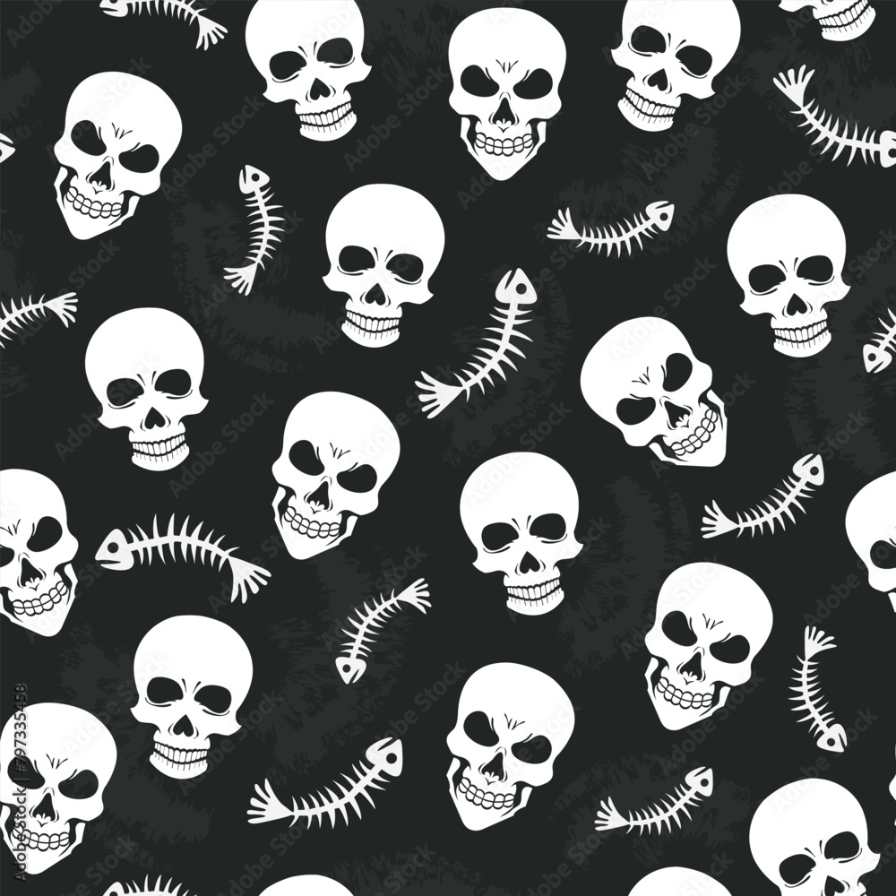 Seamless pattern with skulls and fish bones on a grey background. Scary background for fabric, wrapping paper, wallpaper etc. Seamless pattern with skulls and fish bones on a grey background. Scary background for fabric, wrapping paper, wallpaper etc.