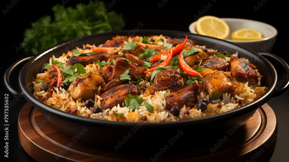 Rice with chicken and vegetables in bowl on dark wooden background. Rice with chicken and vegetables in bowl on dark wooden background.