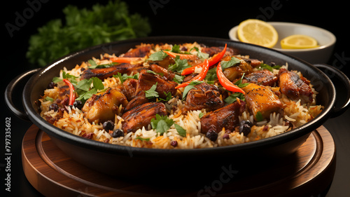 Rice with chicken and vegetables in bowl on dark wooden background.