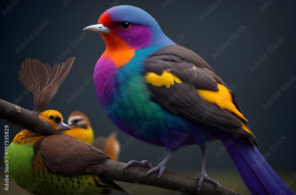 Natural background and a beautiful bird perched on a branch with a small moss tree