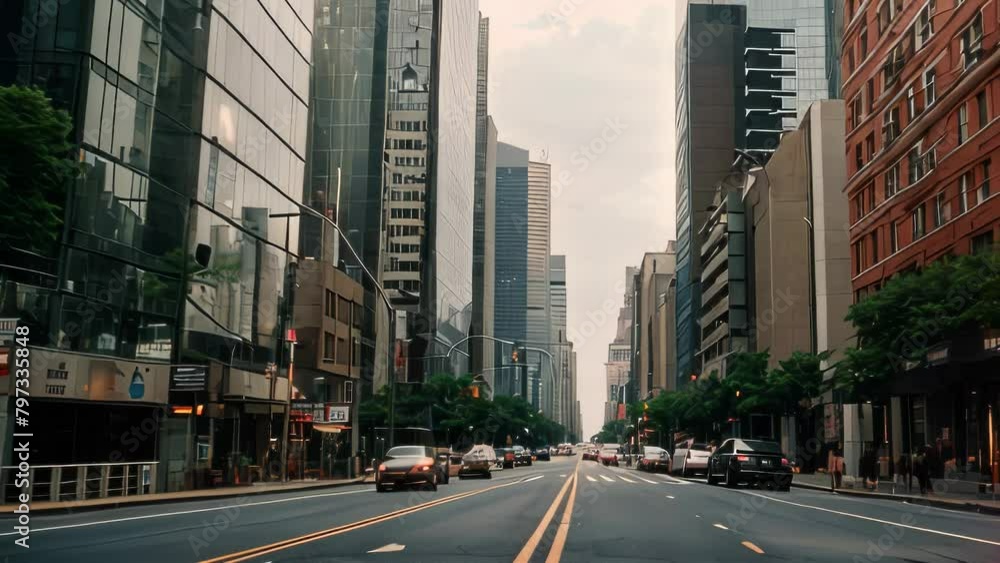 Video animation of city street with multiple lanes and a central yellow dividing line. Cars are visible on the road, indicating an active thoroughfare. Video animation of city street with multiple lanes and a central yellow dividing line. Cars are visible on the road, indicating an active thoroughfare.