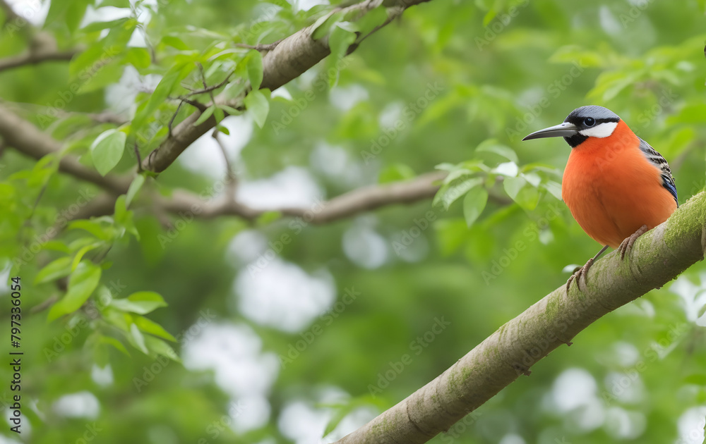 Natural background and a beautiful bird perched on a branch with a small moss tree Natural background and a beautiful bird perched on a branch with a small moss tree