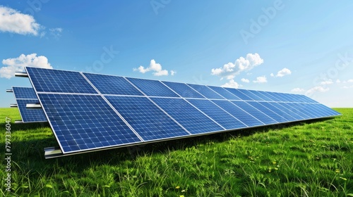 solar panels on a green field green transition solar energy from renewable sources hyper realistic 