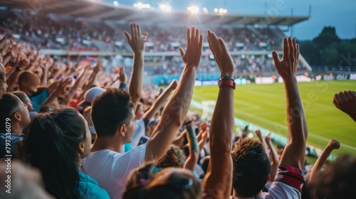 Back view of supporting cheering soccer fans with raising hand