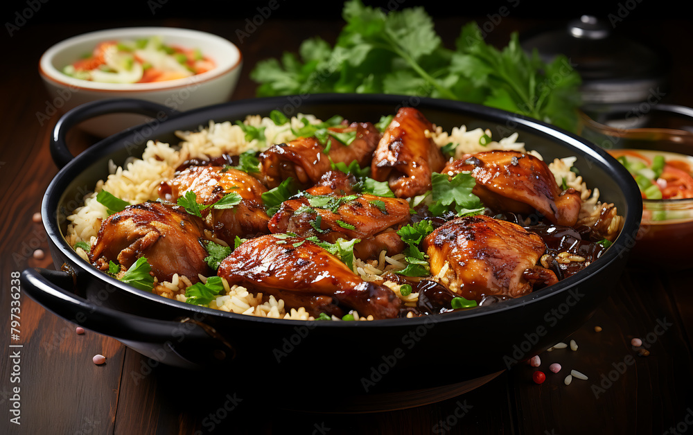 Fototapeta premium Chicken tikka masala with rice and parsley on wooden background