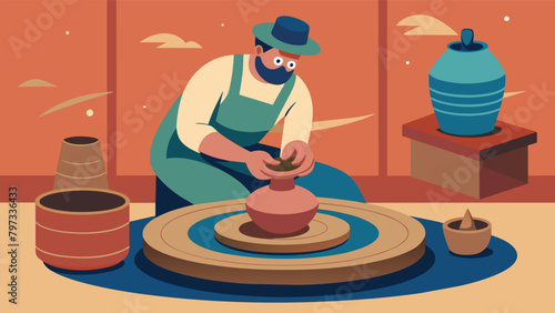 Pottery wheel demonstration Get an upclose look at the art of pottery making as a potter skillfully molds clay on a traditional wheel to create unique. Vector illustration