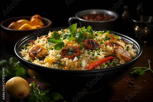 Chicken tikka masala with rice and parsley on wooden background