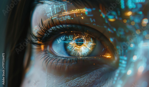 close-up Futuristic woman eye display cyberspace concept science background technology human person vision system digital. Generative AI