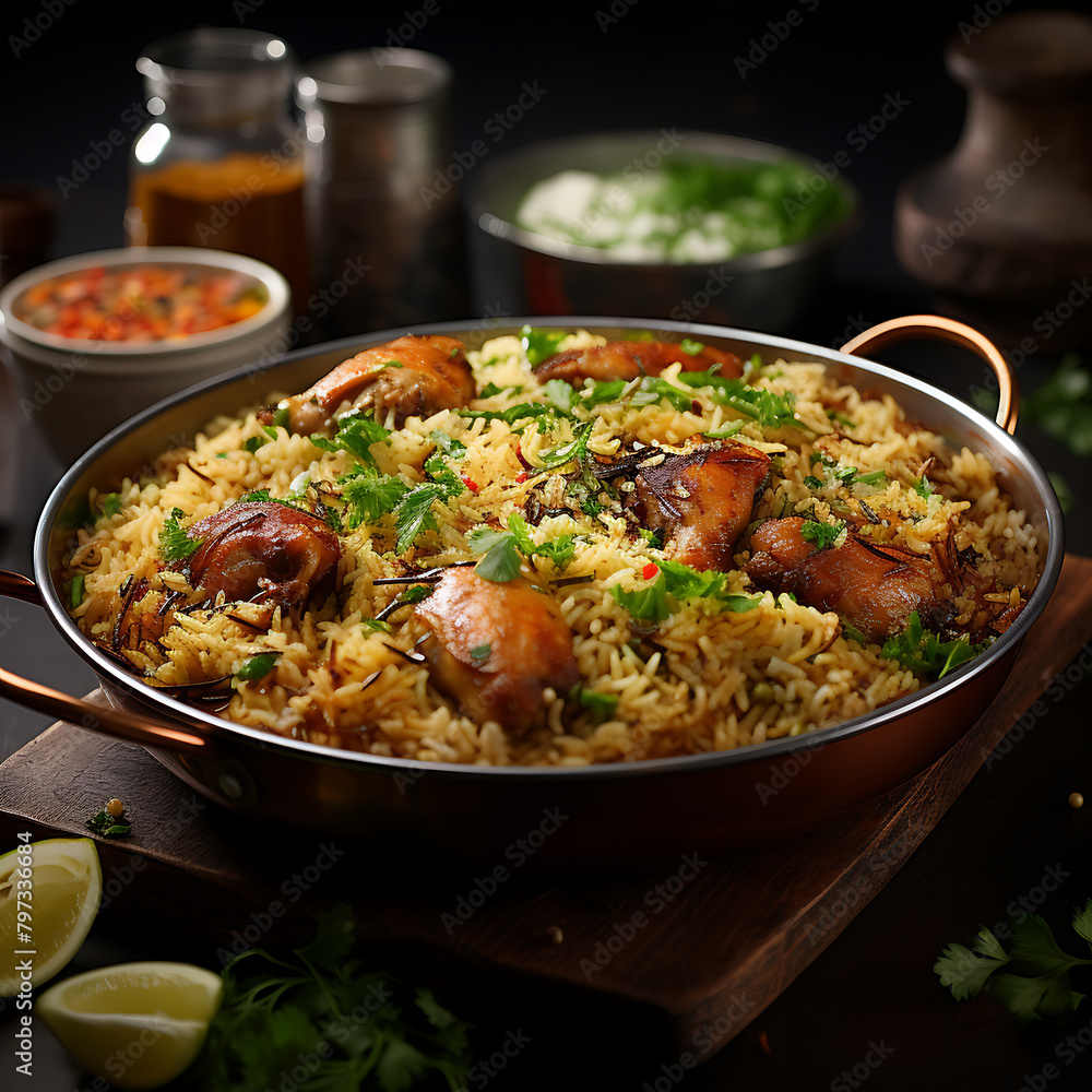 Pilaf with chicken meat and vegetables on a black background.