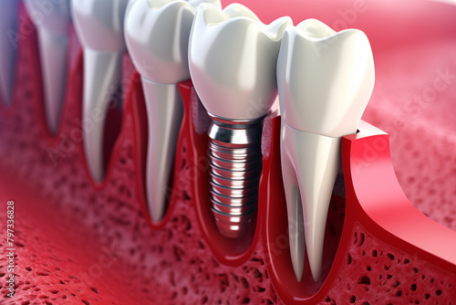 Dental implant placement procedure, illustrating the integration of implant with surrounding bone tissue.