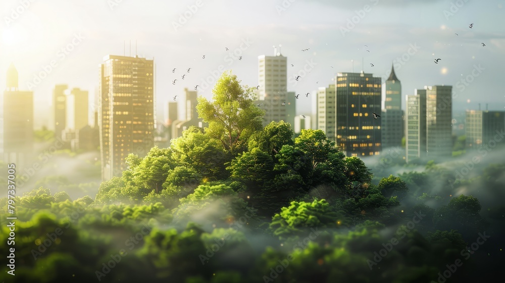 Obraz premium Sustainable mindset engineer plans a city project Eco friendly urban design, carbon neutral buildings, renewable energy, ESG principles, and climate resilience for a sustainable vision. Generative AI