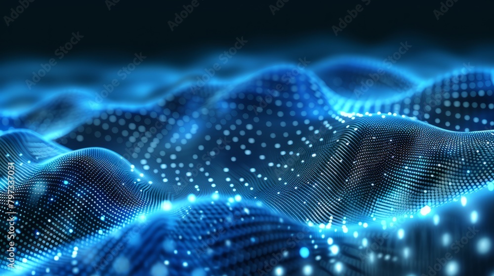 Technology background with connected dots on 3D wave landscape. Data science, particles, digital world, virtual reality, cyberspace, metaverse concept hyper realistic Technology background with connected dots on 3D wave landscape. Data science, particles, digital world, virtual reality, cyberspace, metaverse concept hyper realistic