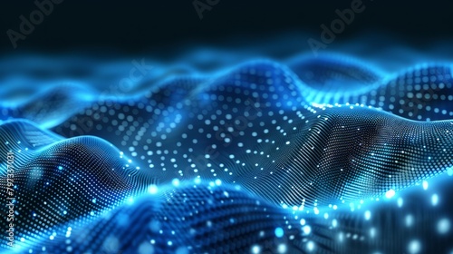 Technology background with connected dots on 3D wave landscape. Data science, particles, digital world, virtual reality, cyberspace, metaverse concept hyper realistic  © Johannes