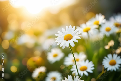 Defocused bokeh background of garden daisy flower in sunny day, summer and spring concept