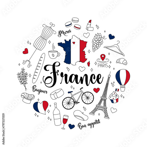 France doodles round design set. Vector illustrations of isolated French elements  in cute hand drawn style. Outline national symbols Eiffel Tower, lavender, country map, flag and others