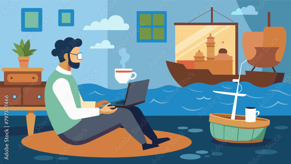 A man sits in his living room transported back in time as he explores a virtual reality recreation of the Boston Tea Party feeling as if he is truly. Vector illustration A man sits in his living room transported back in time as he explores a virtual reality recreation of the Boston Tea Party feeling as if he is truly. Vector illustration
