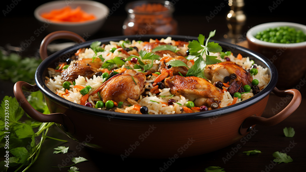 Pilaf with chicken, rice and vegetables on a wooden table