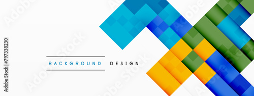 A creative arts piece featuring a geometric pattern of rectangles and triangles in electric blue and magenta on a white background. Symmetry and linens add to the overall design