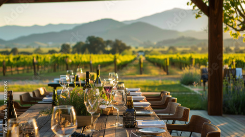 A serene outdoor dinner setting amidst vineyard rows at sunset